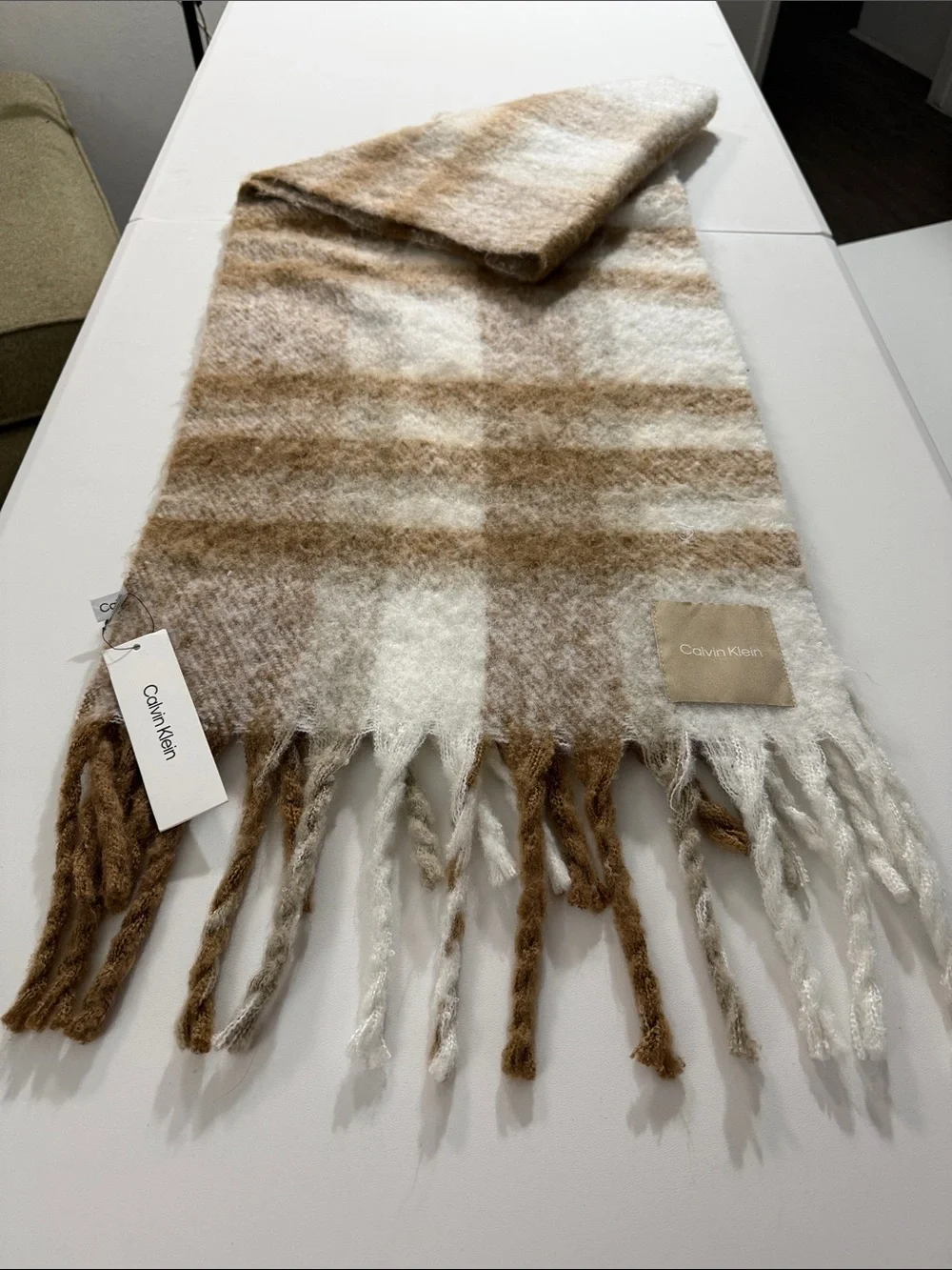 Calvin Klein Cream & Brown Plaid Fringe Throw Scarf 74 X17 inches